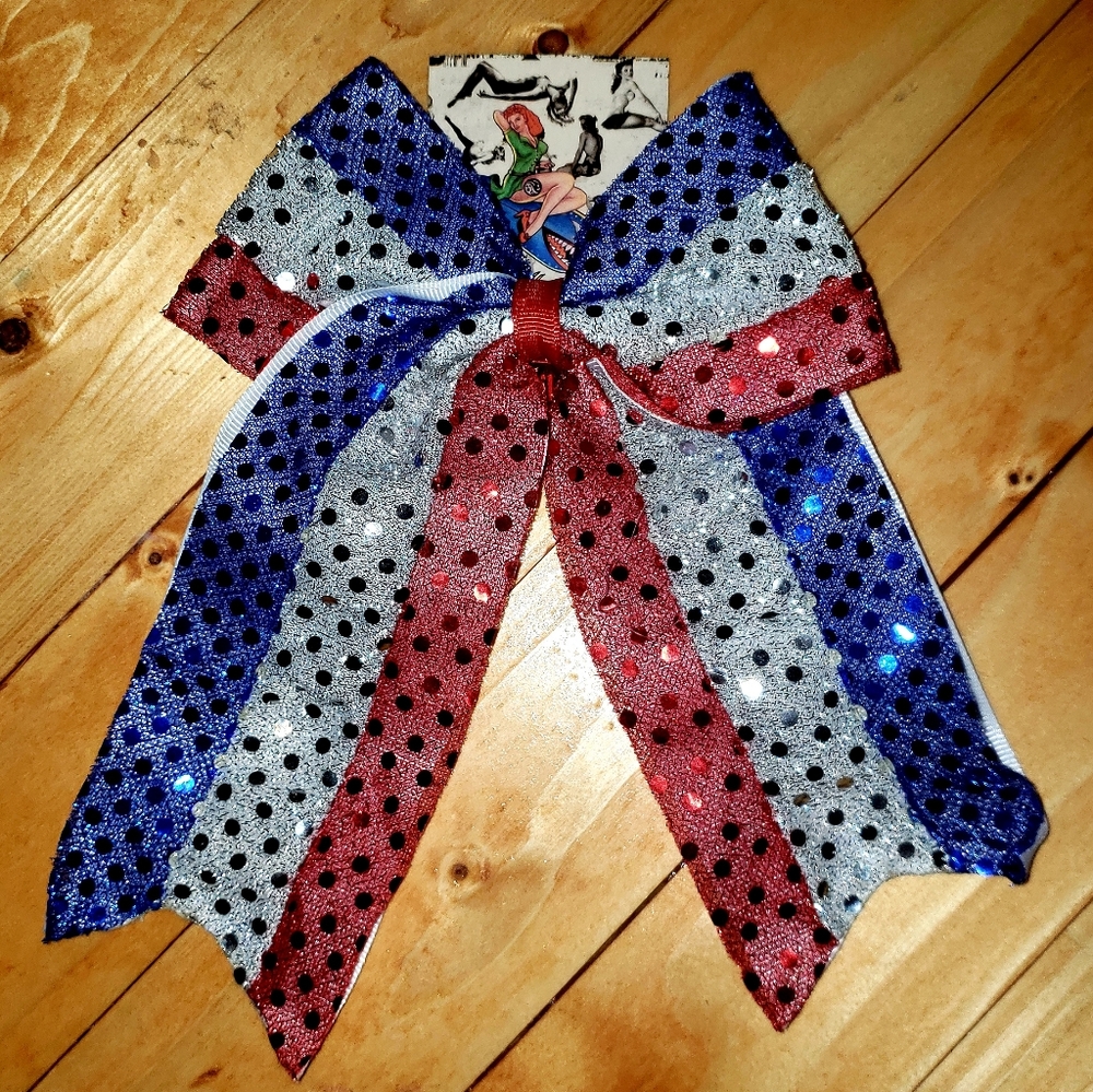 4th July 1940's 6"×7" RockABilly Hair Bow Red White Blue Sequins Alligator Clip
